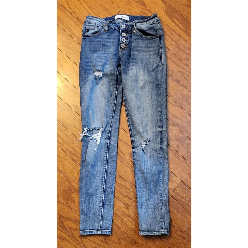 KanCan Womens Skinny Jeans Size 0/23 Blue Denim Distressed Button Fly